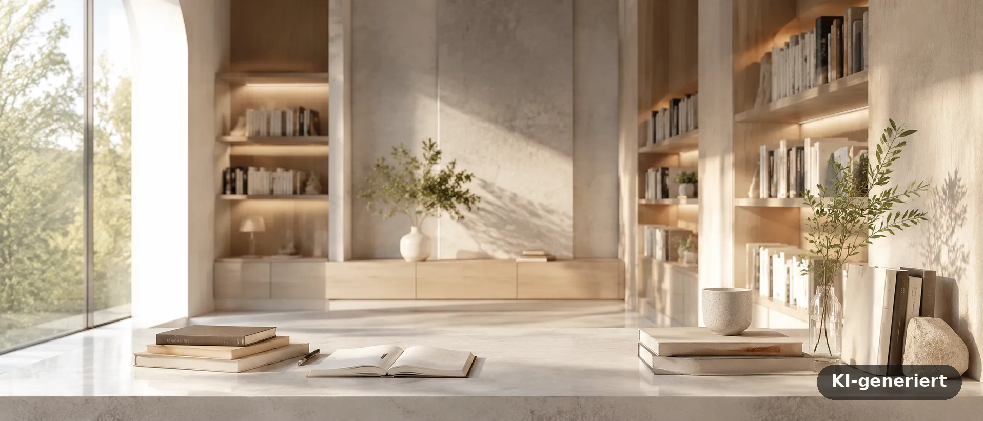 Helle Bibliothek mit aufgeschlagenem Buch auf einem Steintisch